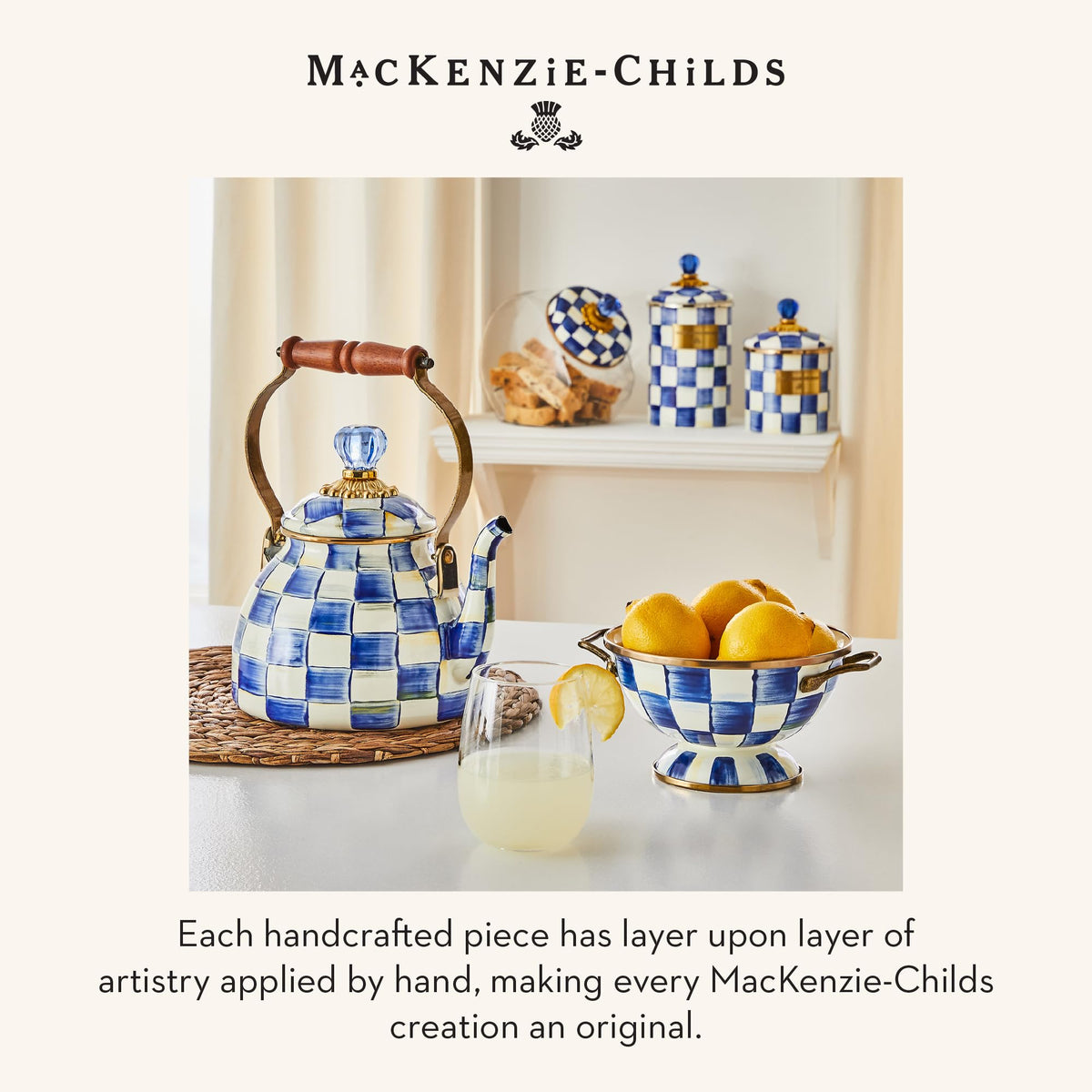 MacKenzie-Childs Enamel Tea Kettle, Royal Check