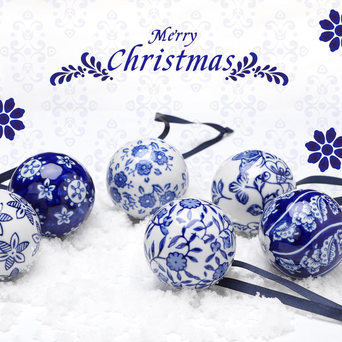 Blue and White Porcelain Christmas Balls, Set of 6 or 12