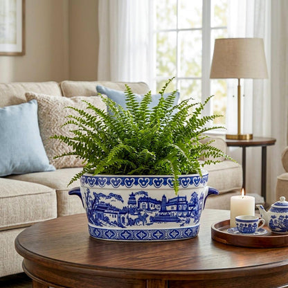 Blue Floral Oval Ceramic Cachepot, 10.6 in