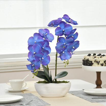 Faux Orchid in Navy Ribbed Ceramic Pot
