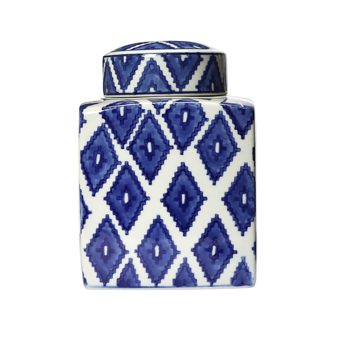 Square Ceramic Ginger Jar with Lid, Blue and White
