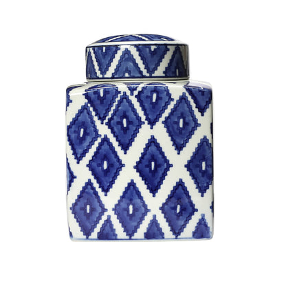 Square Ceramic Ginger Jar with Lid, Blue and White