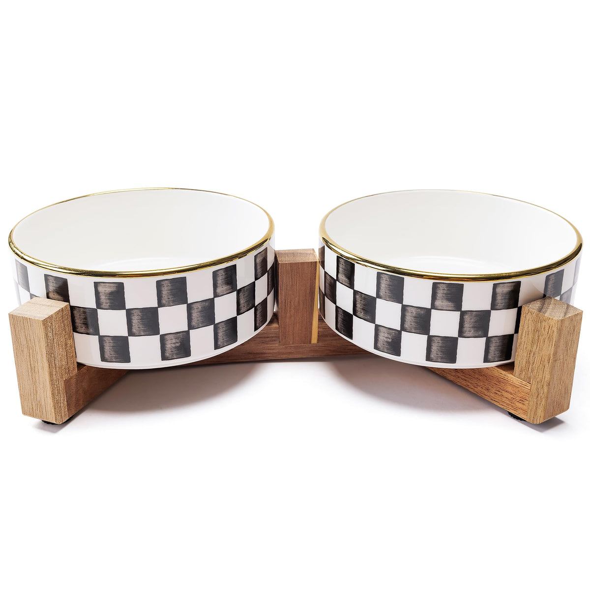 Blue and White Checkered Ceramic Dog Bowls