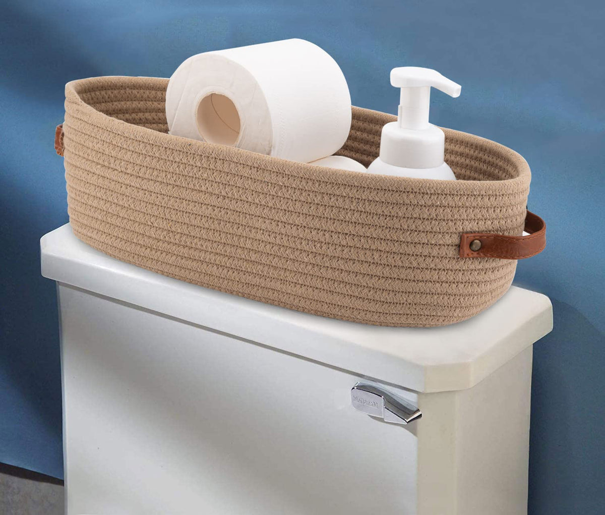 Woven Cotton Rope Toilet Tank Basket, Navy and White