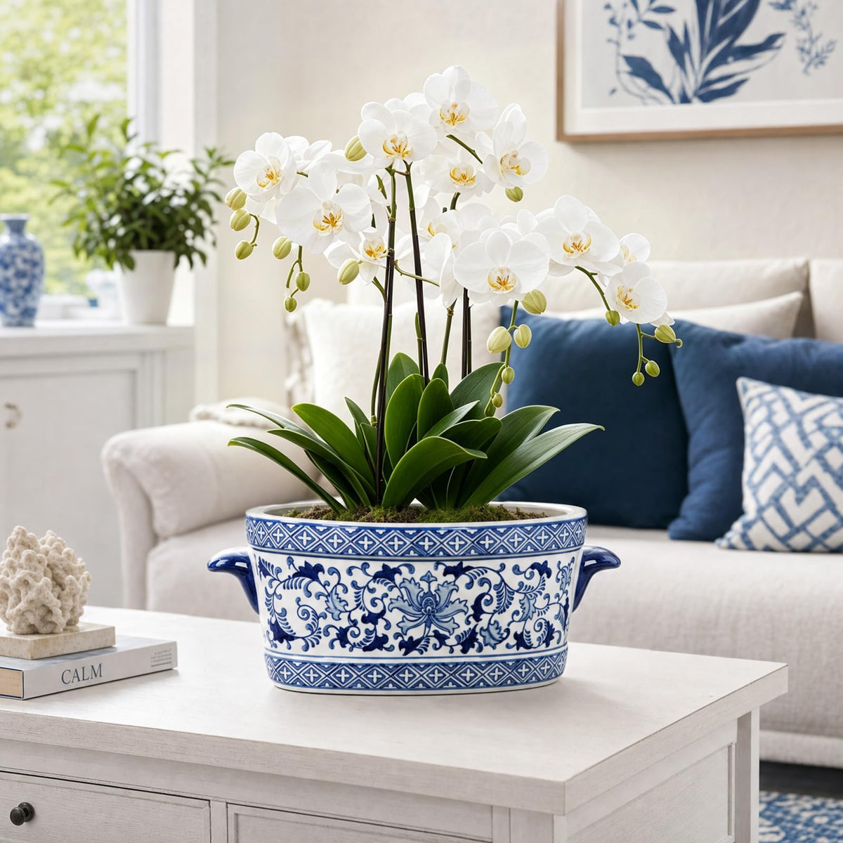 Blue Floral Oval Ceramic Cachepot, 10.6 in