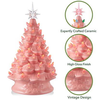 Hand Painted Ceramic Christmas Tree, 15 Inch Pre-Lit