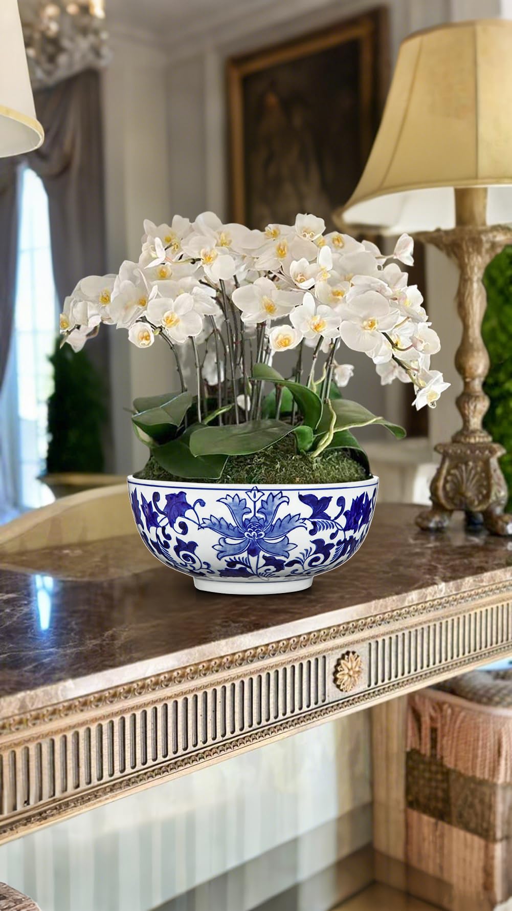 Blue and White Chinoiserie Bowl Planter, 9 Inch