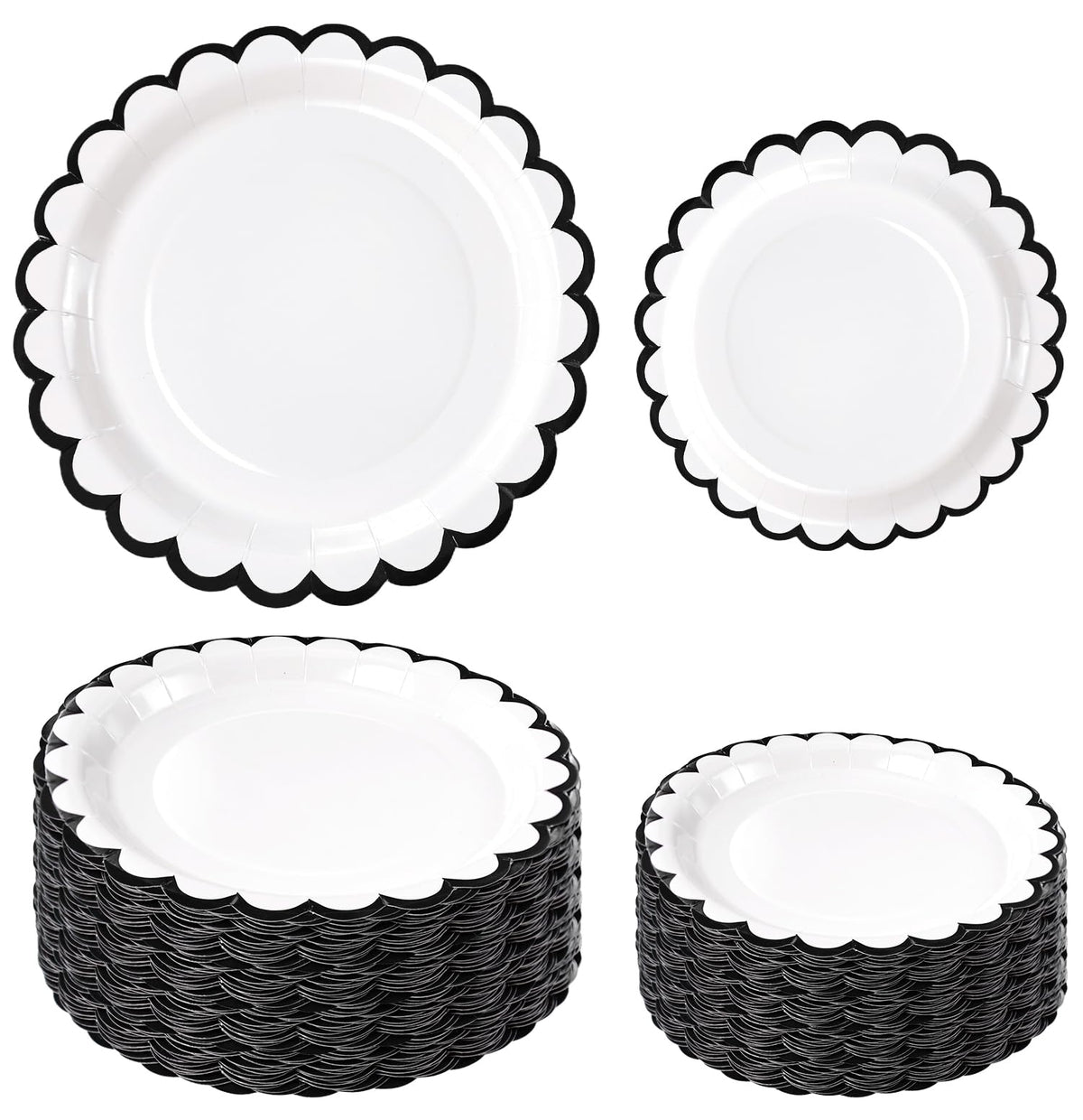 White Scalloped Paper Plates, Royal Blue Trim, 50 Pack