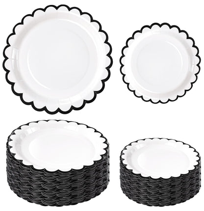 White Scalloped Paper Plates, Royal Blue Trim, 50 Pack