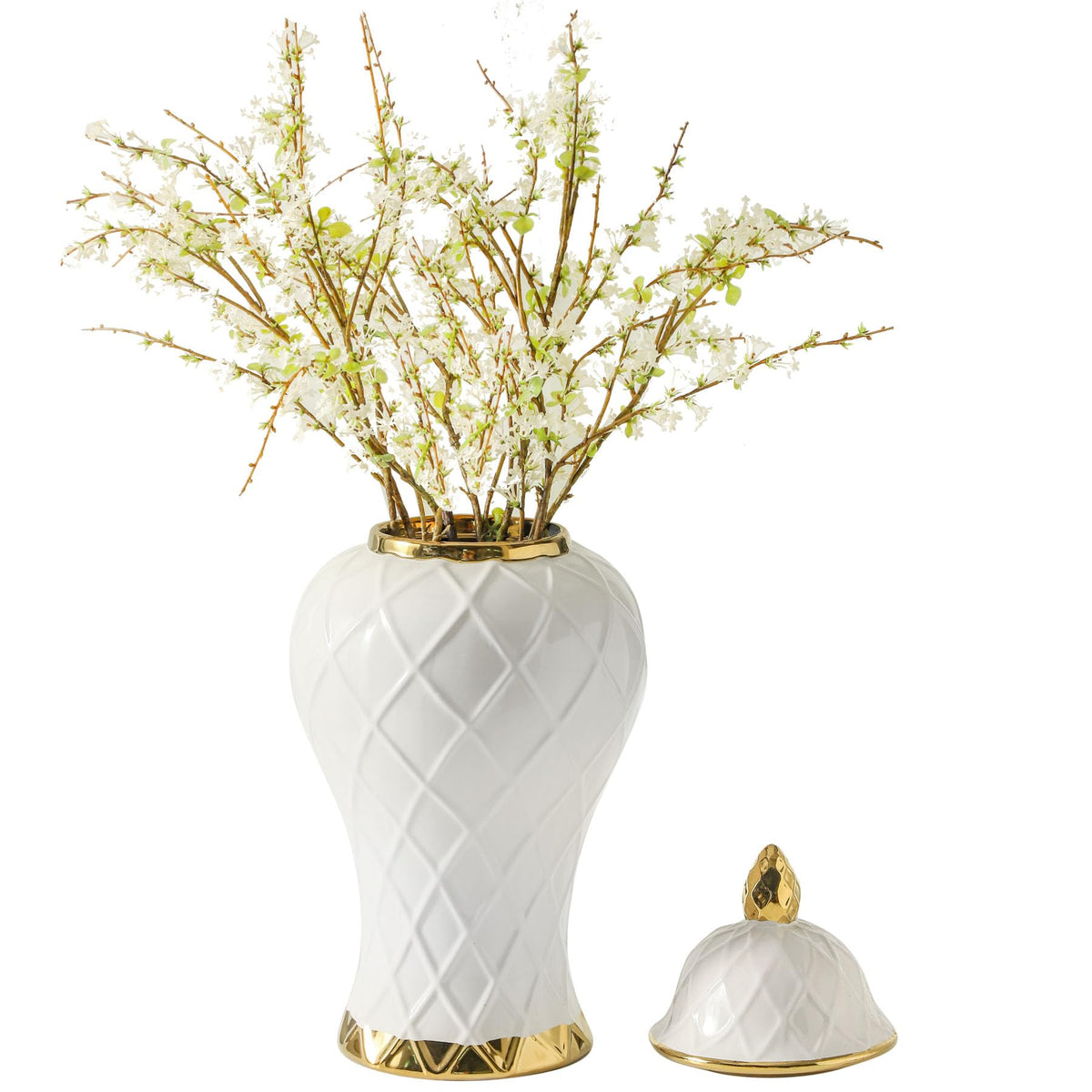 White and Gold Ceramic Ginger Jar, 12 to 18 Inch