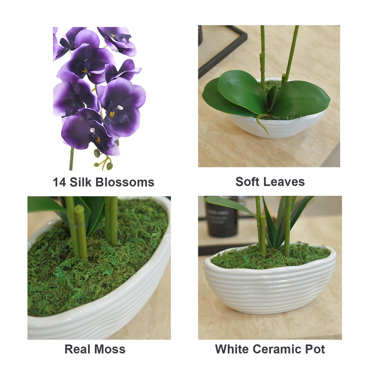 Faux Orchid in Navy Ribbed Ceramic Pot