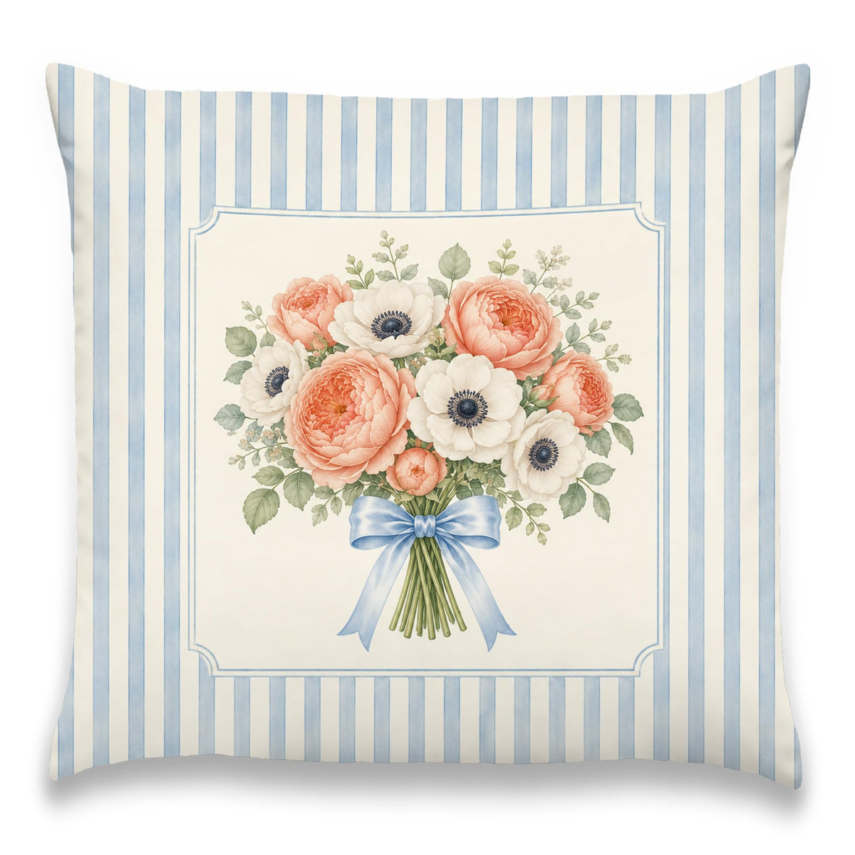 Blue Chinoiserie Bird and Peony Pillow Cover, 18x18