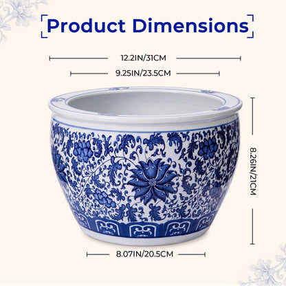 Blue and White Fishbowl Planter, 16 Inch