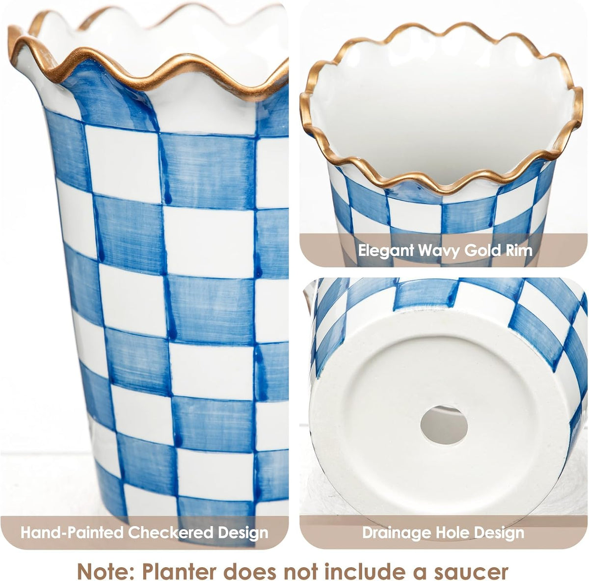 Blue and White Checkered Ceramic Planter, 6 Inch