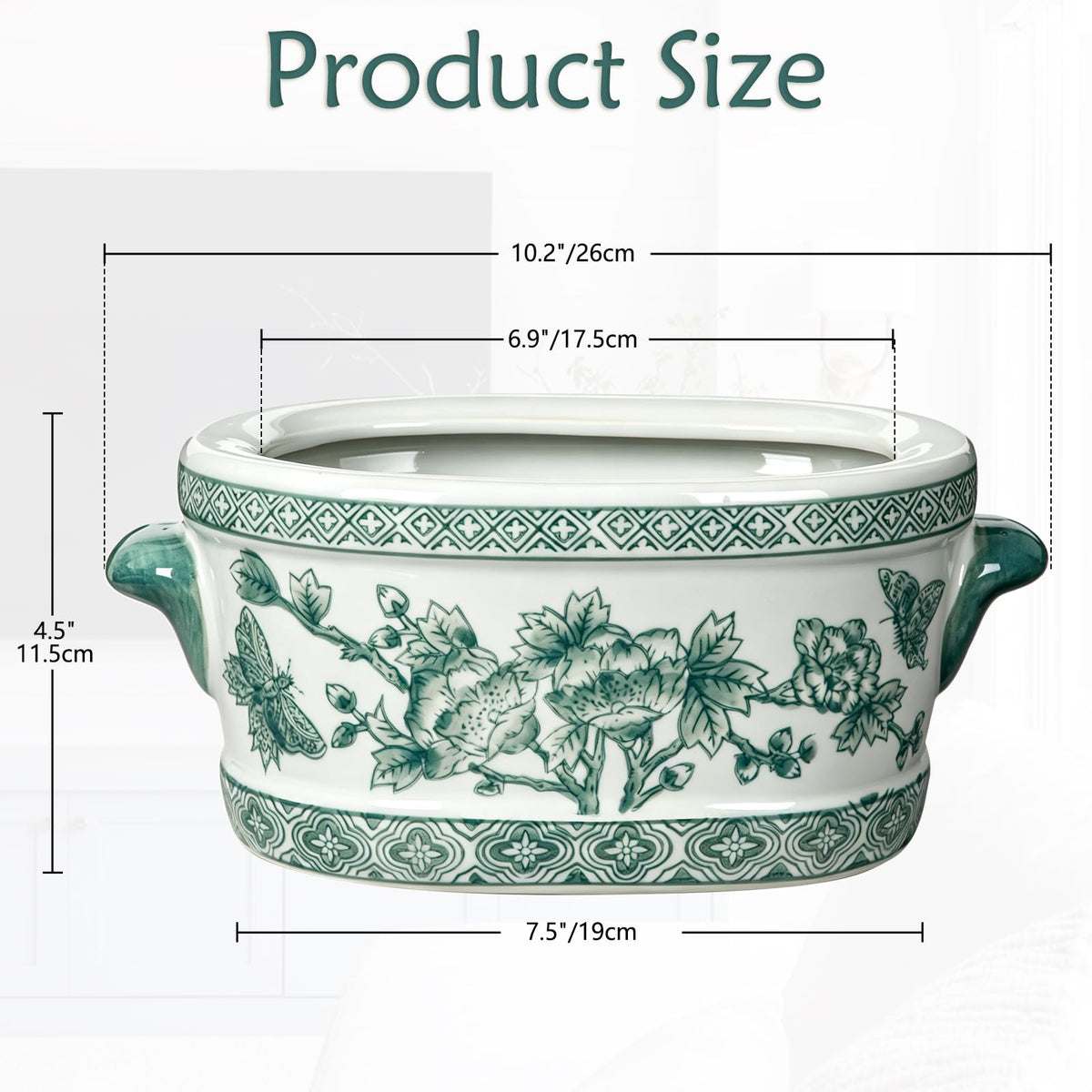 Blue Floral Oval Ceramic Cachepot, 10.6 in