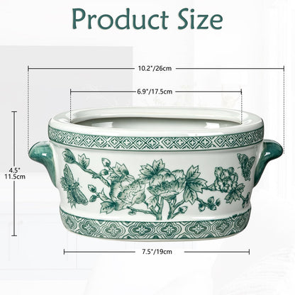 Blue Floral Oval Ceramic Cachepot, 10.6 in