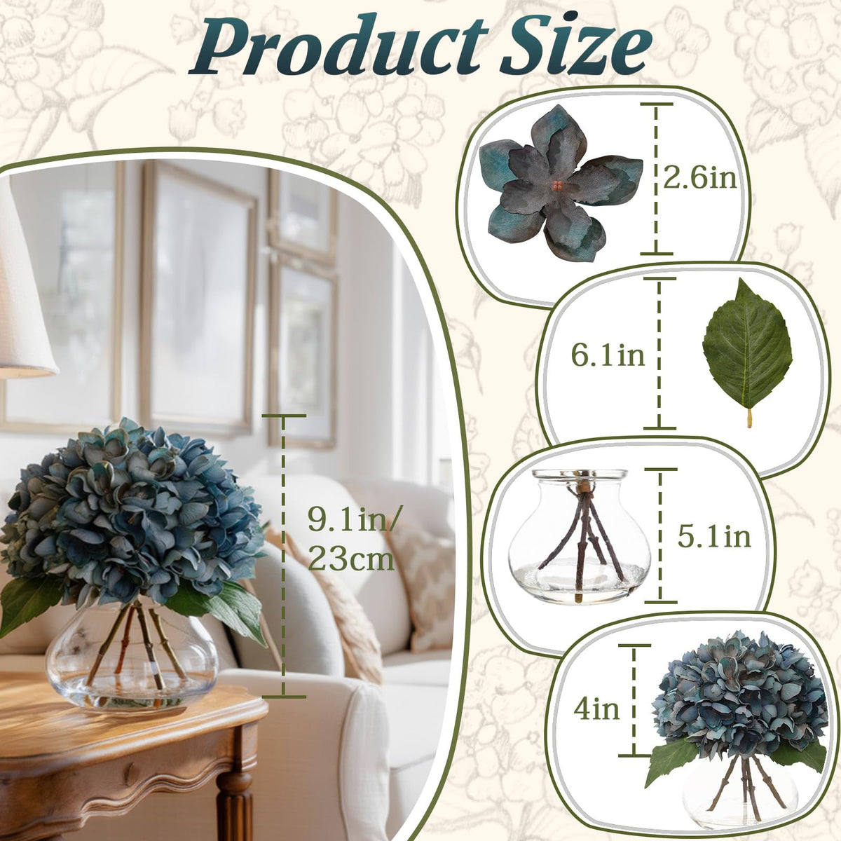 Blue Faux Hydrangea Arrangement in Glass Vase