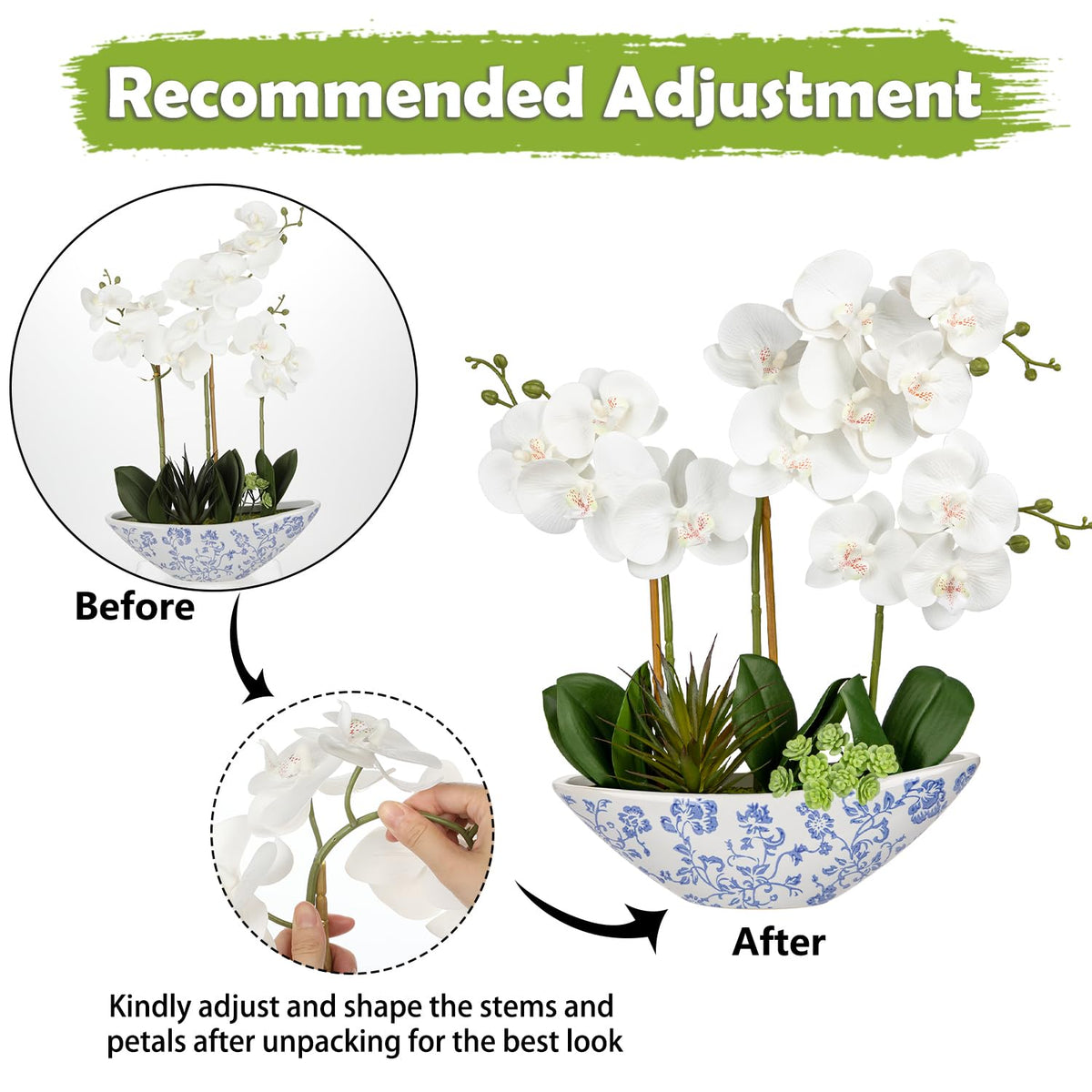 Briful Faux Orchid in Blue and White Boat Vase