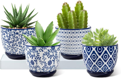 Vintage Blue Succulent Pots with Saucers, Set of 4