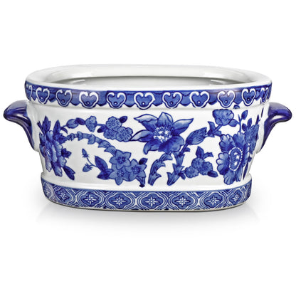 Blue Floral Oval Ceramic Cachepot, 10.6 in