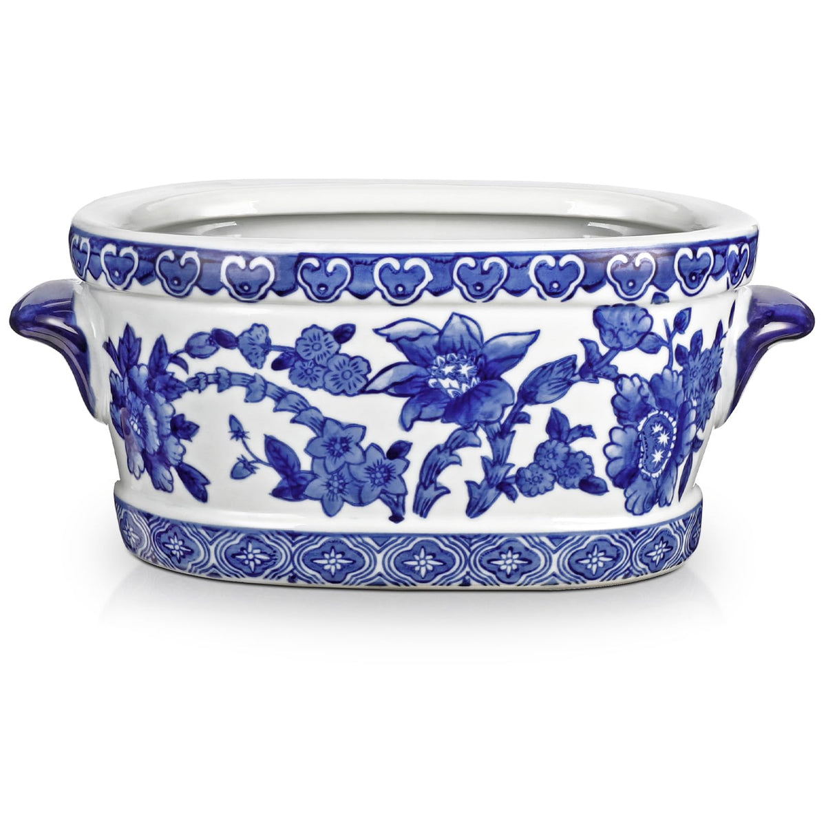 Blue Floral Oval Ceramic Cachepot, 10.6 in