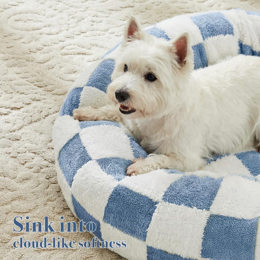 Blue Checkered Round Dog Bed