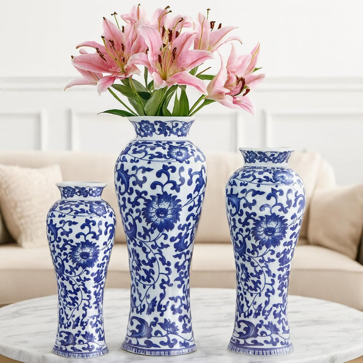 Set of 3 Blue and White Chinoiserie Vases