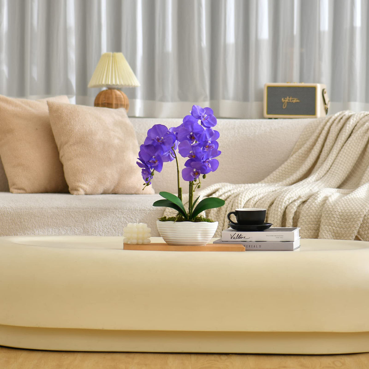 Faux Orchid in Navy Ribbed Ceramic Pot