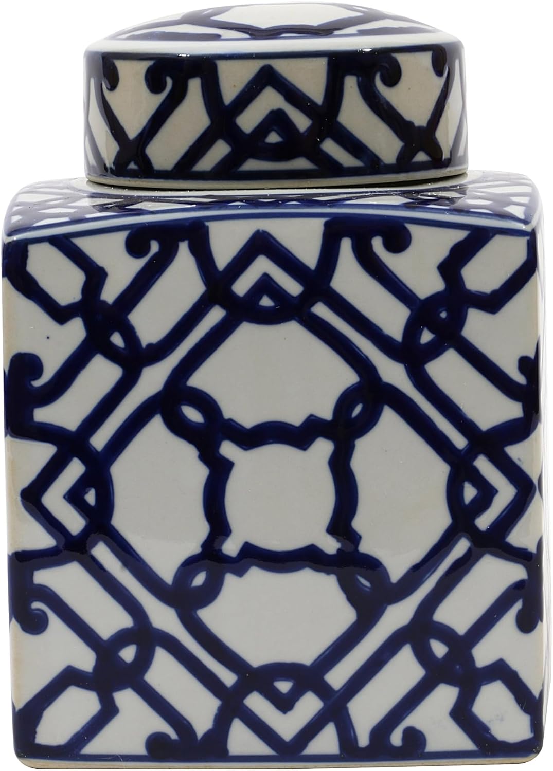 Square Ceramic Ginger Jar with Lid, Blue and White