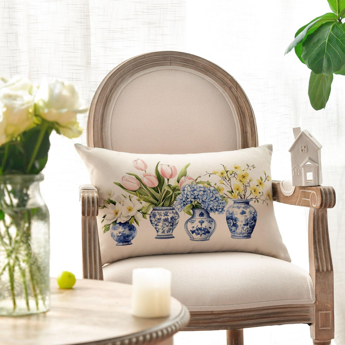 Chinoiserie Vase Lumbar Pillow Cover, 12 x 20 Inch