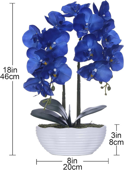Faux Orchid in Navy Ribbed Ceramic Pot