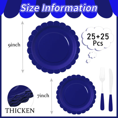 White Scalloped Paper Plates, Royal Blue Trim, 50 Pack