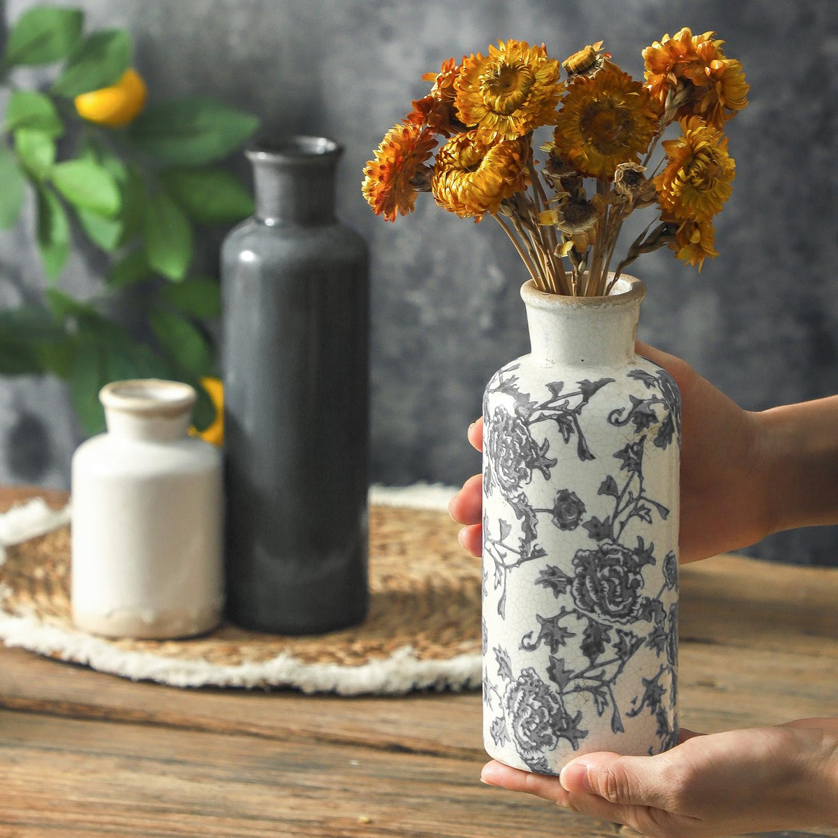 Vintage Blue and White Ceramic Vases, Set of 3