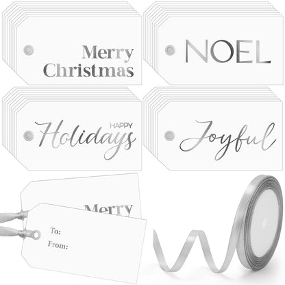 Christmas Gift Tags with Ribbon, 100 Pack, Blue and Silver