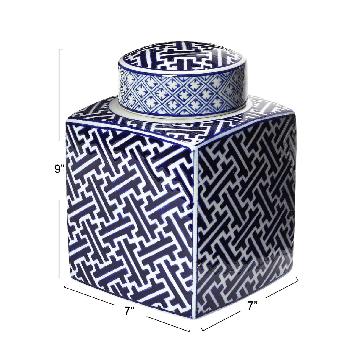 Square Ceramic Ginger Jar with Lid, Blue and White