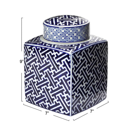 Square Ceramic Ginger Jar with Lid, Blue and White