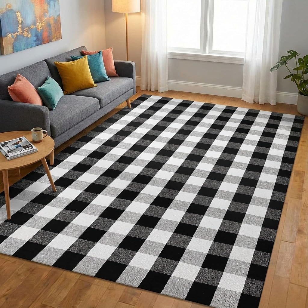 MUBIN Blue White Plaid Cotton Rug, 27.5x43