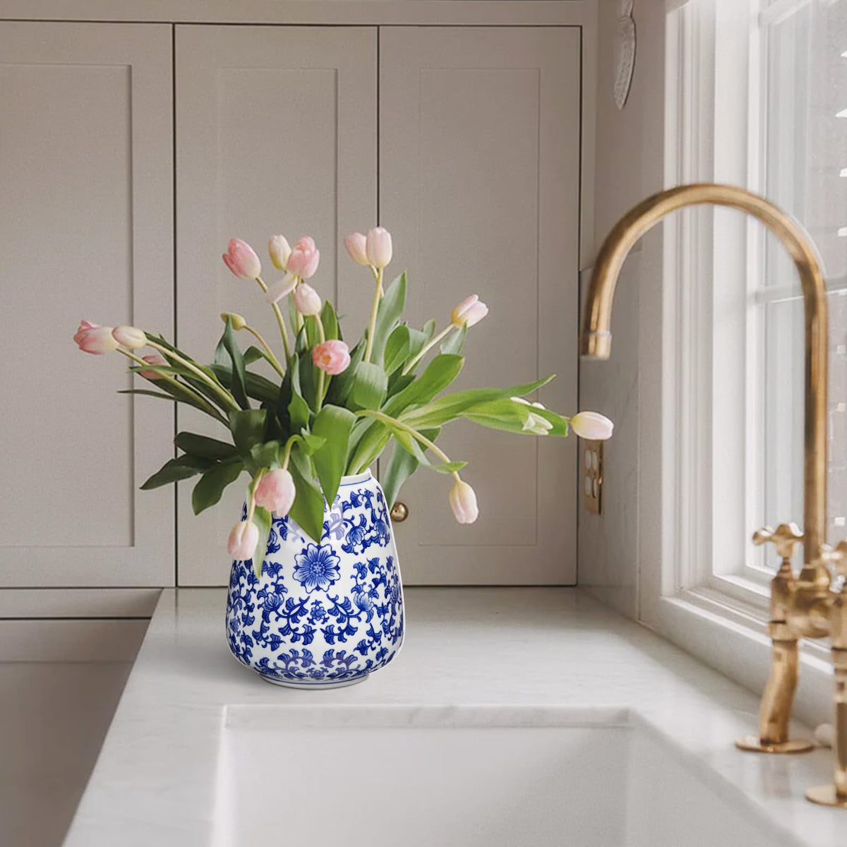 Hollyone Blue and White Chinoiserie Bottle Vase, 7 Inch