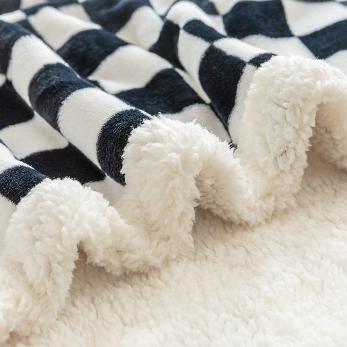 Navy Checkered Sherpa Throw Blanket
