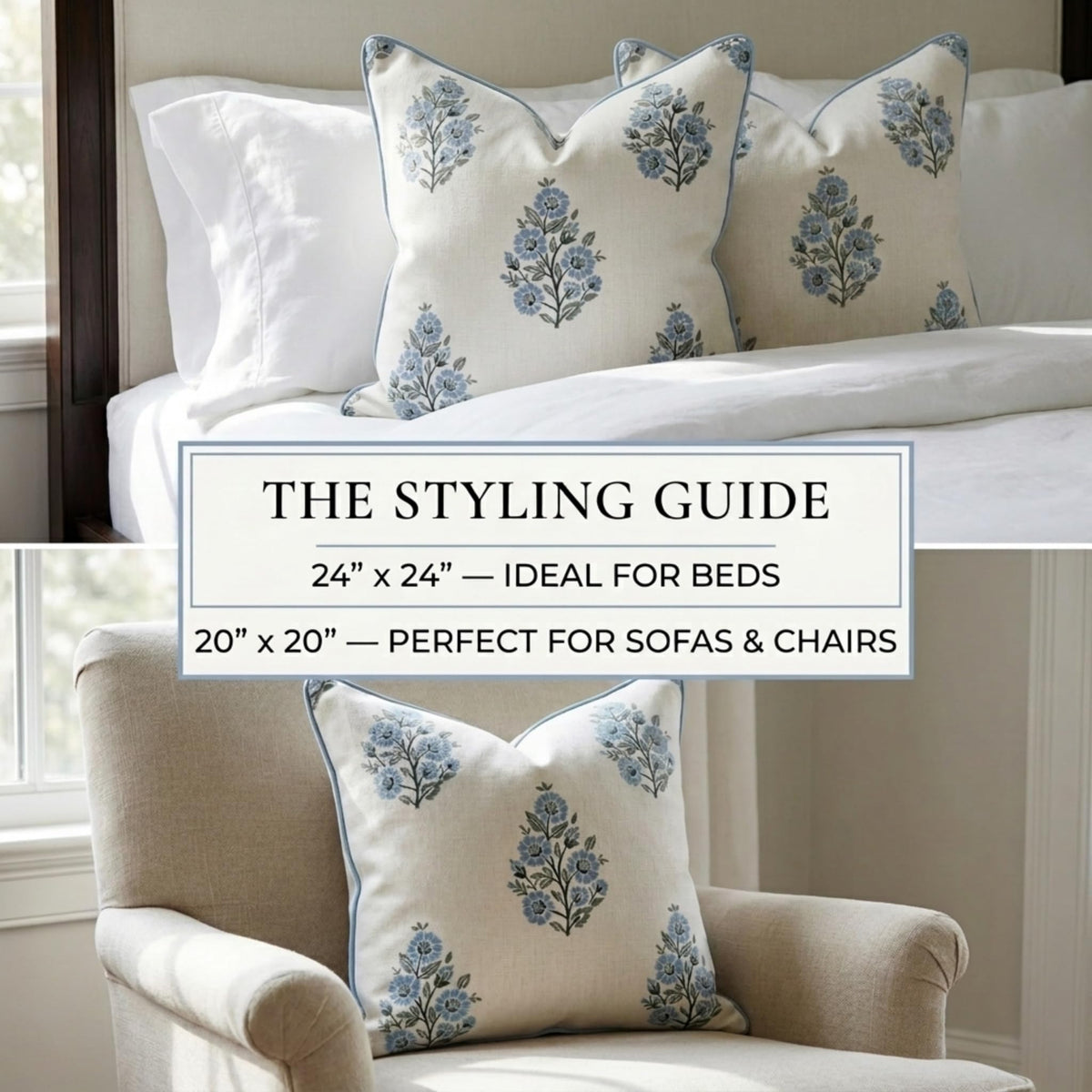 Camille Blue Floral Block Print Pillow Cover