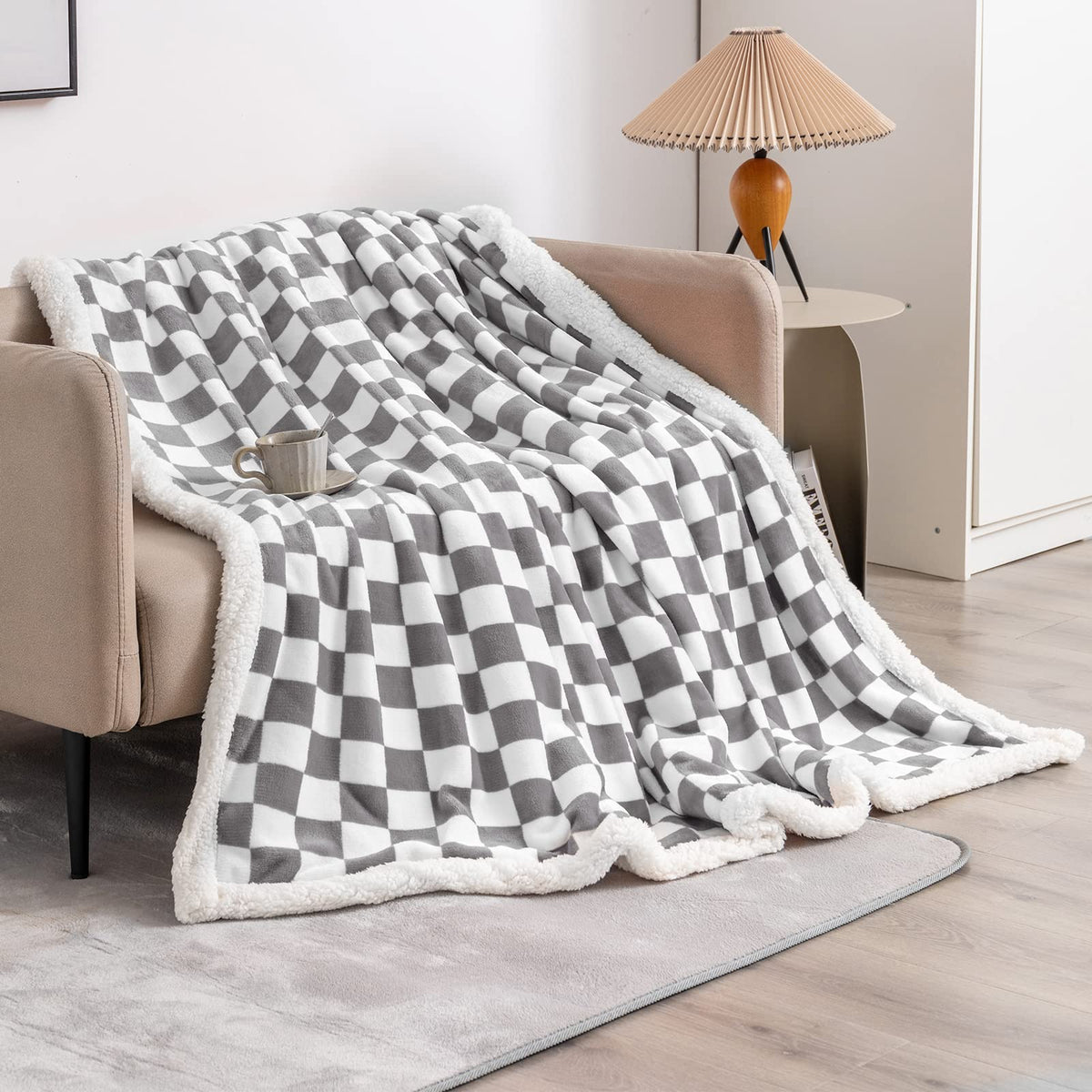 Navy Checkered Sherpa Throw Blanket