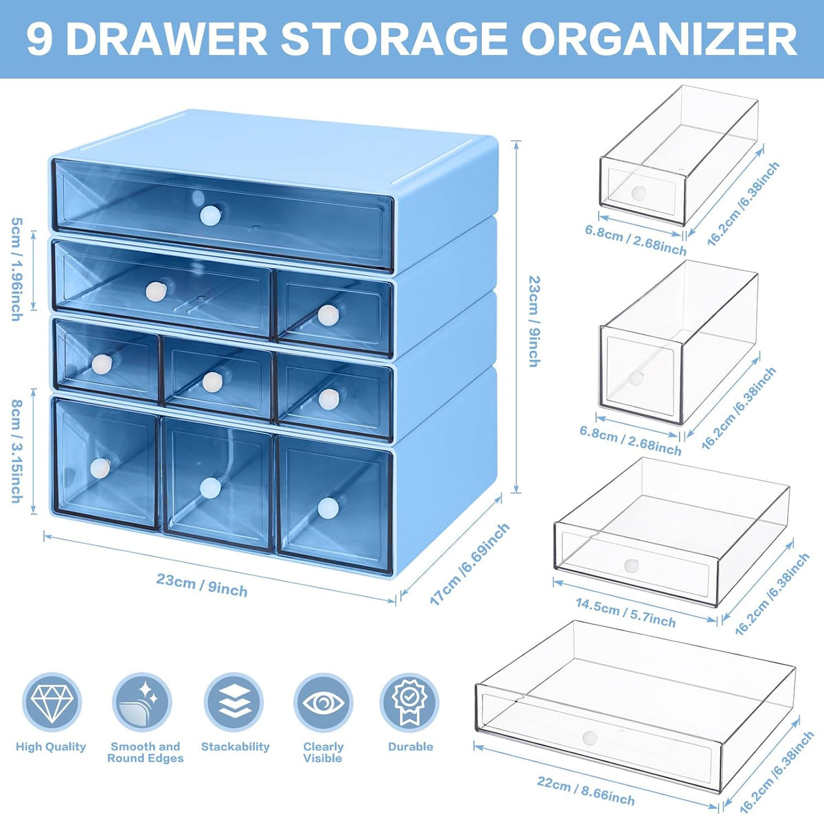 Blue 9-Drawer Desktop Storage Organizer