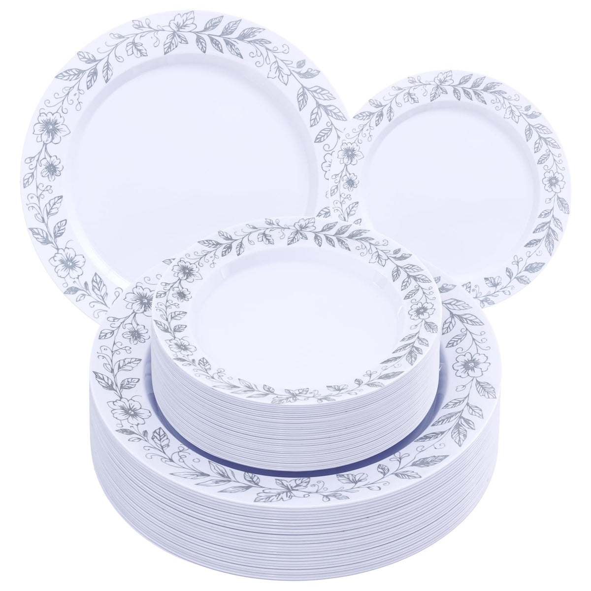 Blue Floral Plastic Plates, 60 Pieces