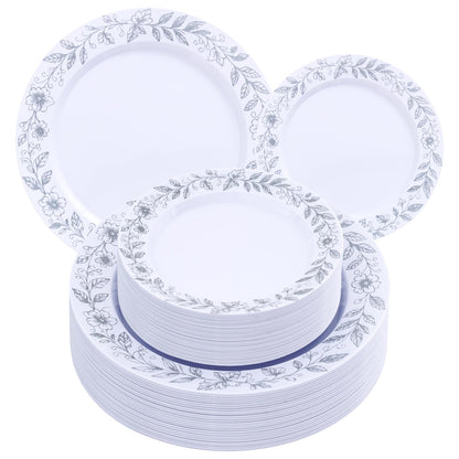 Blue Floral Plastic Plates, 60 Pieces