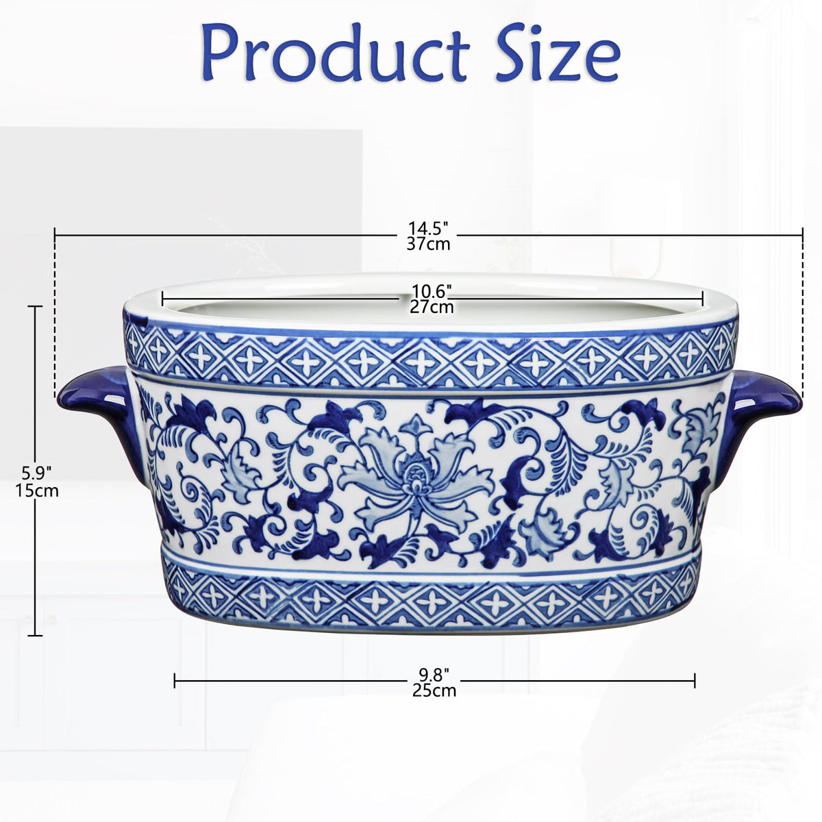 Blue Floral Oval Ceramic Cachepot, 10.6 in