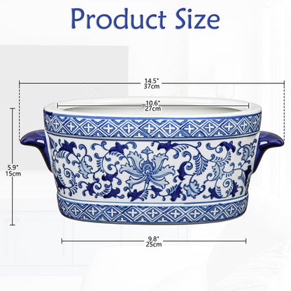 Blue Floral Oval Ceramic Cachepot, 10.6 in