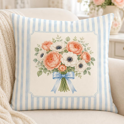 Blue Chinoiserie Bird and Peony Pillow Cover, 18x18