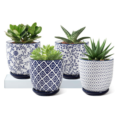 Vintage Blue Succulent Pots with Saucers, Set of 4