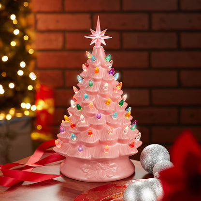 Hand Painted Ceramic Christmas Tree, 15 Inch Pre-Lit
