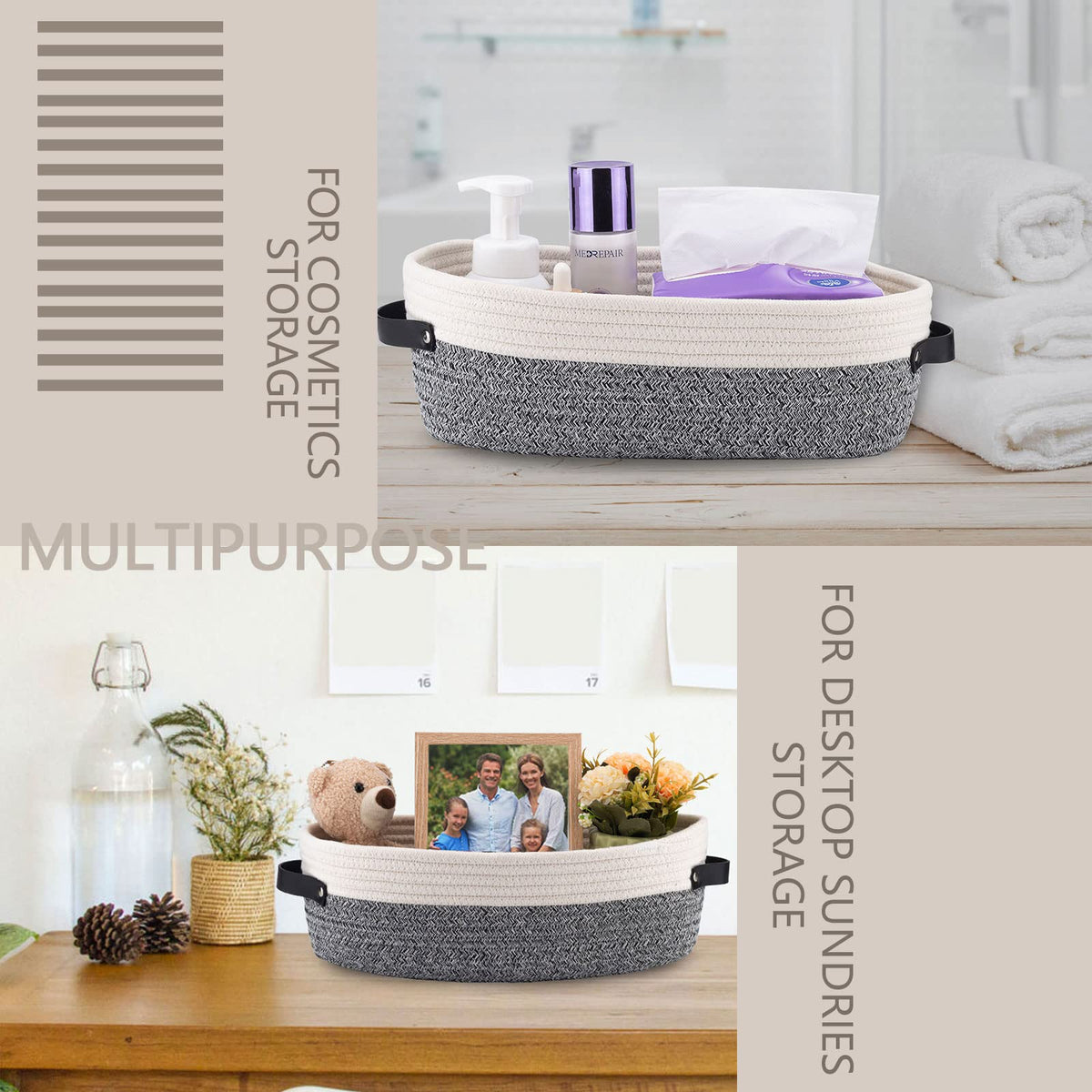 Woven Cotton Rope Toilet Tank Basket, Navy and White